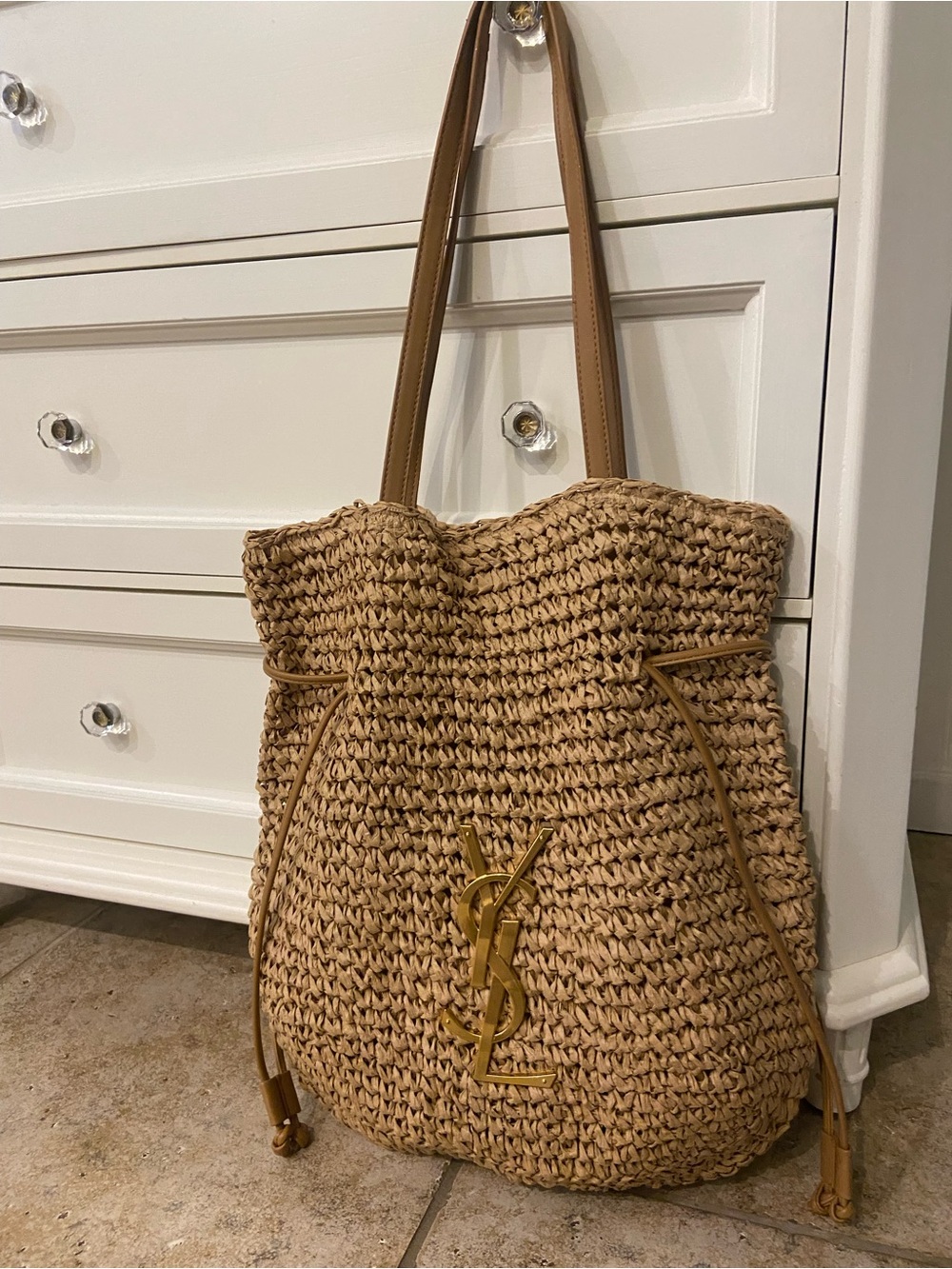 Natural Raffia Drawstring Tote with Gold Logo - Picture 2 of 7